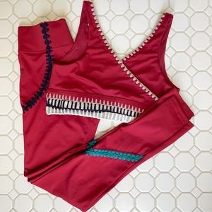Carbon38 Red Leggings with Teal and White Details